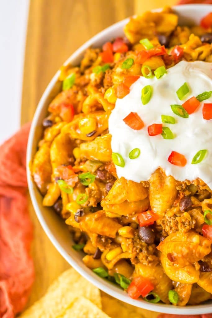 Slow Cooker Taco Pasta in bowl