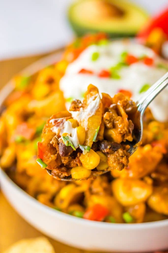 Slow Cooker Taco Pasta in spoon