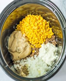 Slow Cooker Tatertot Casserole ingredients in slow cooker