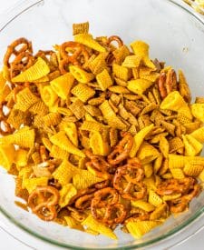 Fall Chex Mix mixed in a bowl