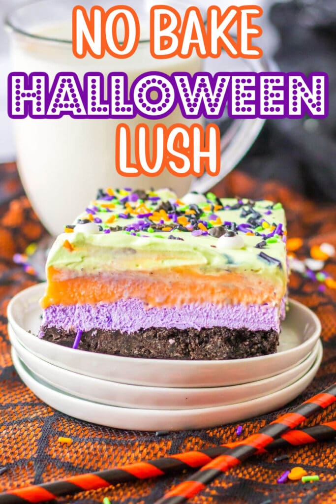 No bake Halloween lush dessert layered with cookies, pudding, whipped topping, and festive sprinkles.