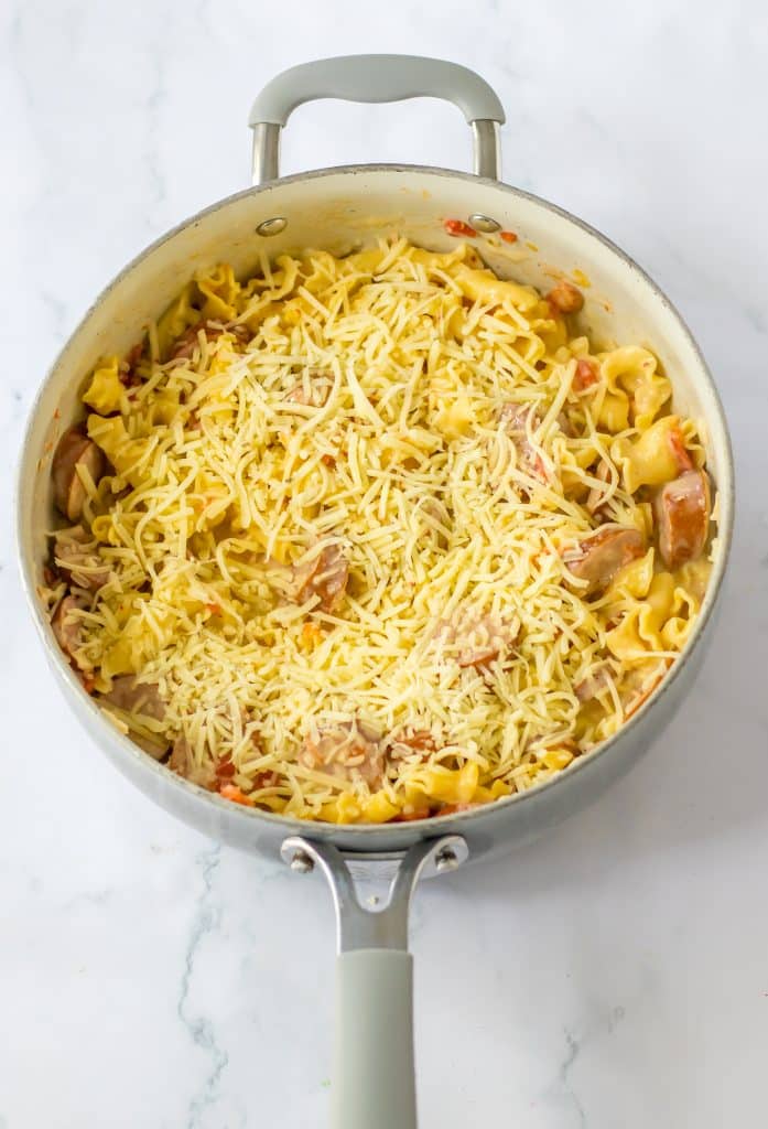 One Pot Cheesy Sausage Pasta in pot