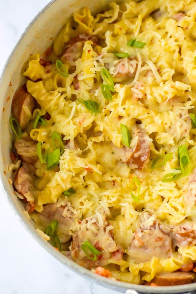 One Pot Cheesy Sausage Pasta in pot