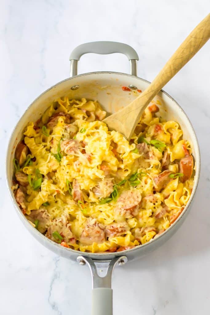 One Pot Cheesy Sausage Pasta in pot