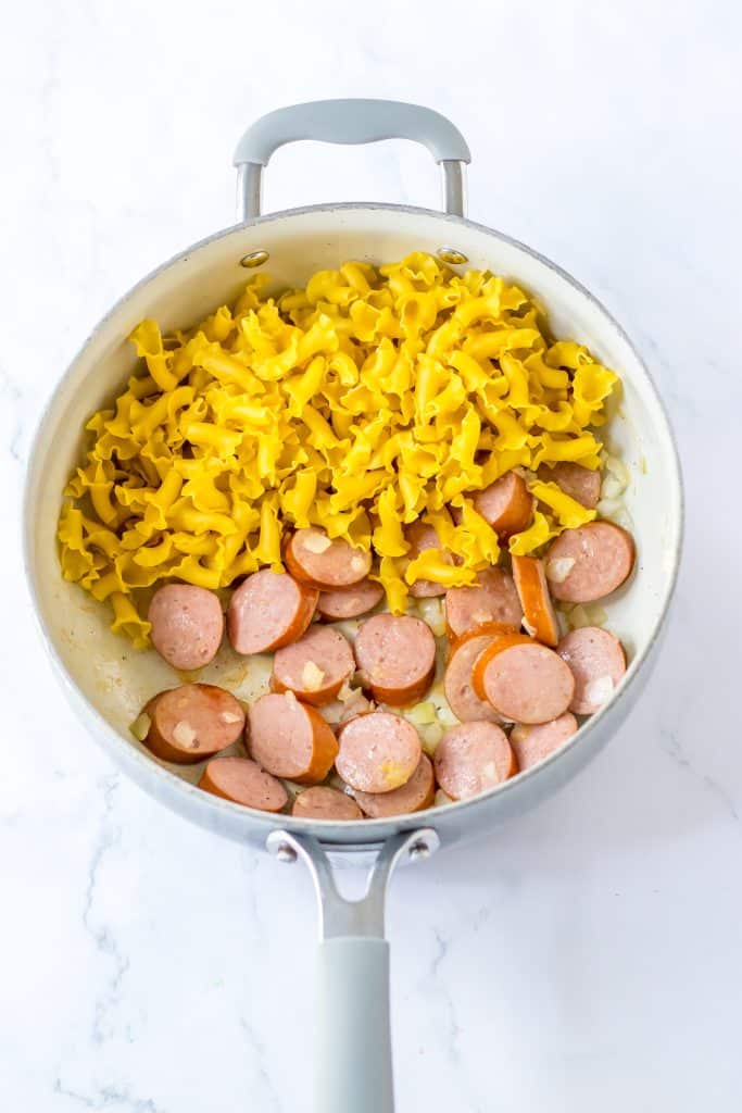 One Pot Cheesy Sausage Pasta in pot