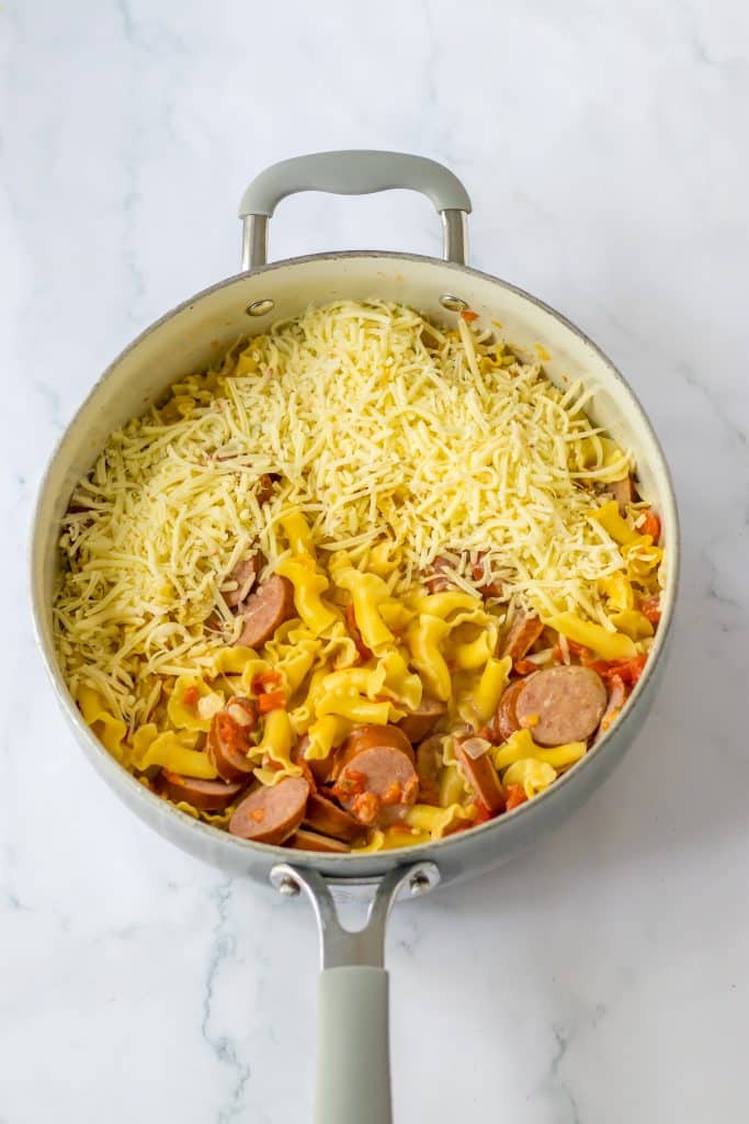 One Pot Cheesy Sausage Pasta in pot