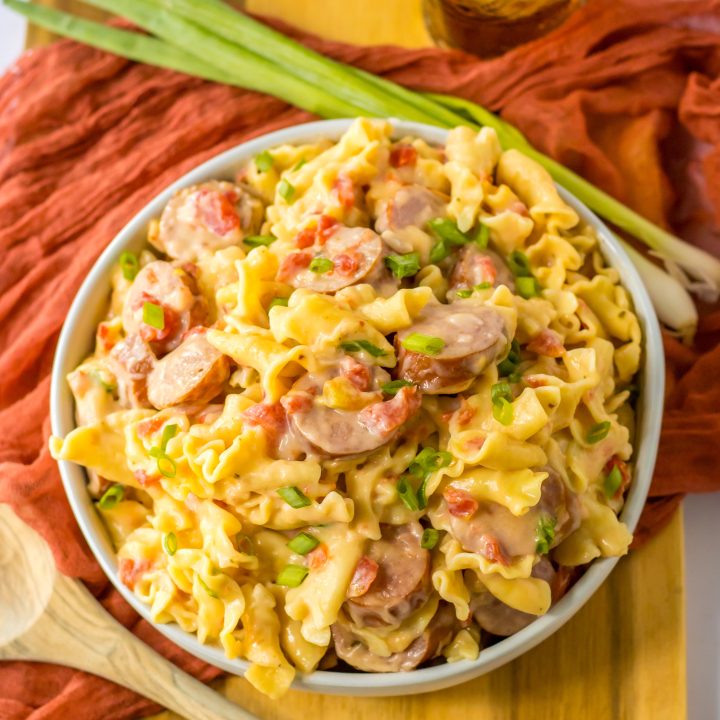 One Pot Cheesy Sausage Pasta in bowl