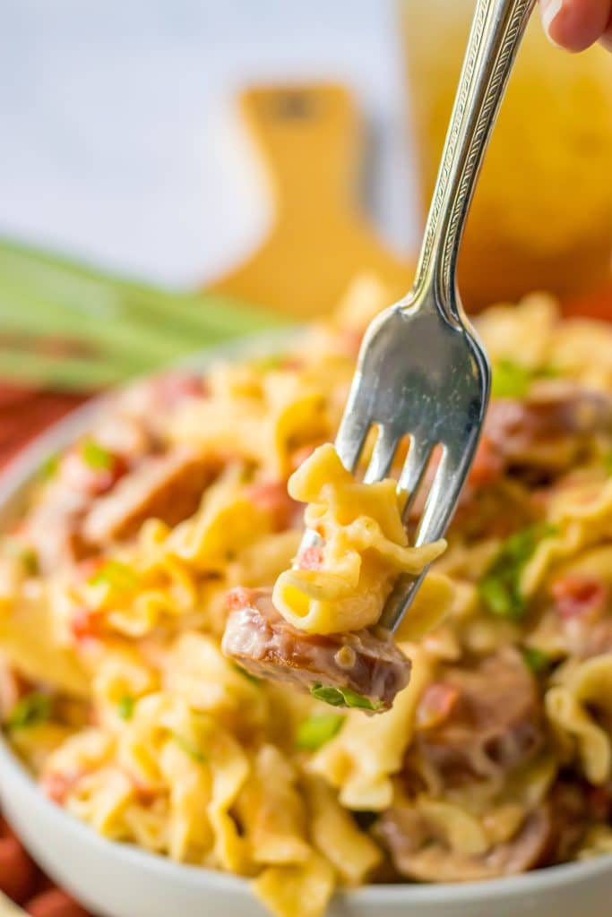 One Pot Cheesy Sausage Pasta on fork