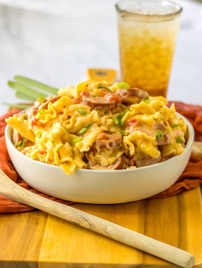 One Pot Cheesy Sausage Pasta in bowl