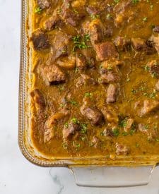 Best Ever Oven Beef Tips in pan