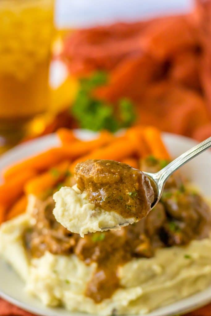 Best Ever Oven Beef Tips in a spoon