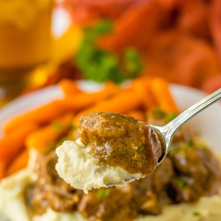 Best Ever Oven Beef Tips in a spoon