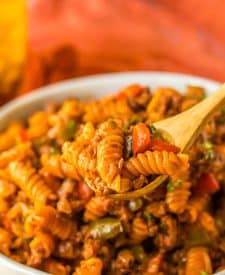 One Pot Sloppy Joe Pasta in spoon