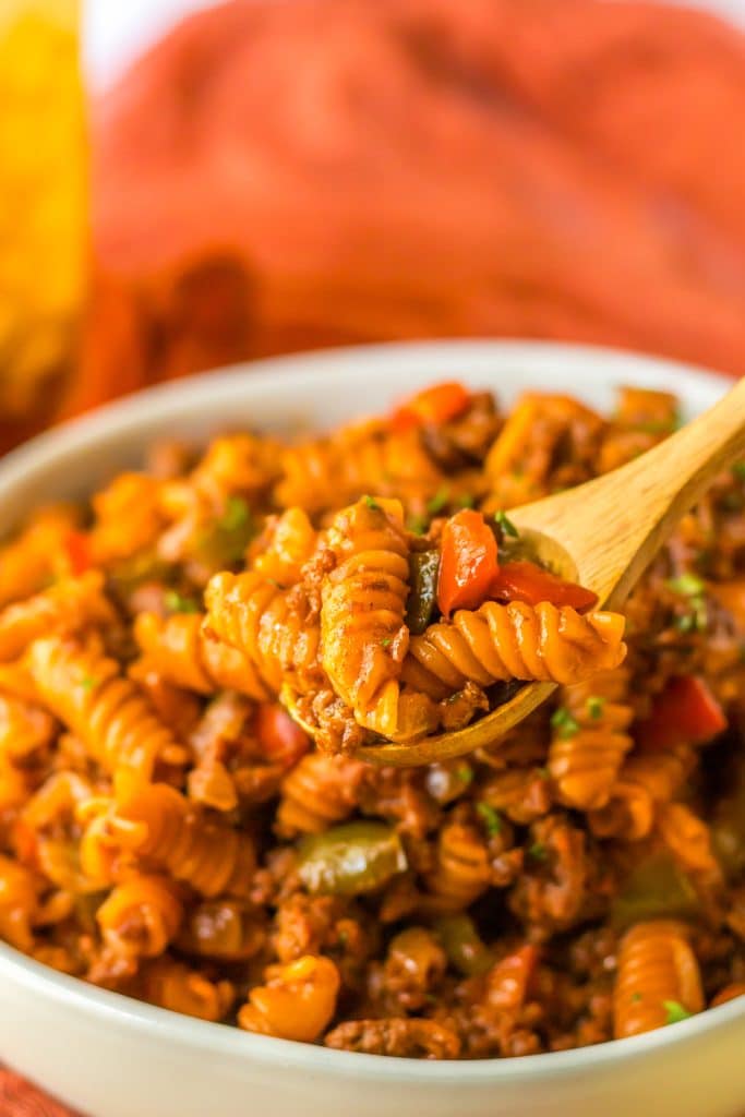 One Pot Sloppy Joe Pasta in spoon