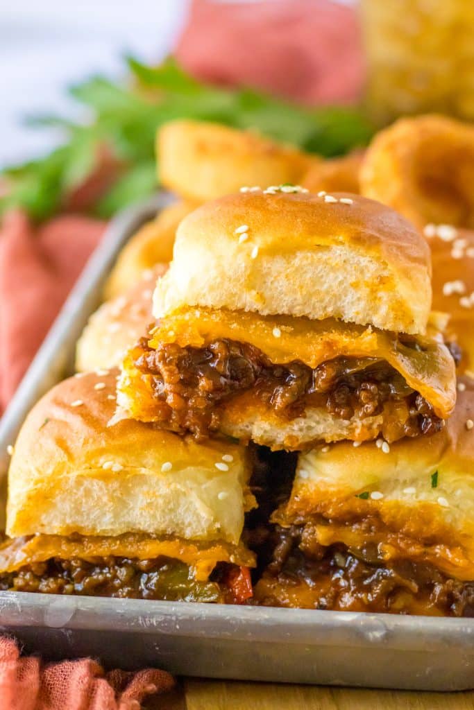 Sloppy Joe Sliders piled on tray