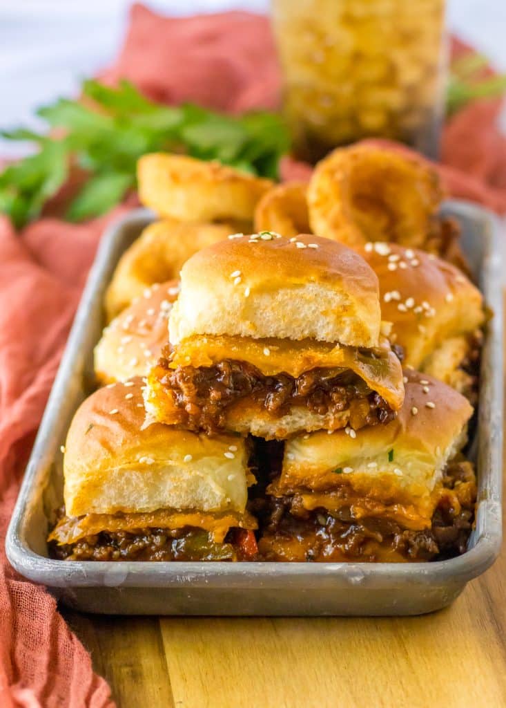 Sloppy Joe Sliders piled on tray