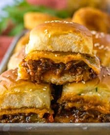 Sloppy Joe Sliders piled on tray