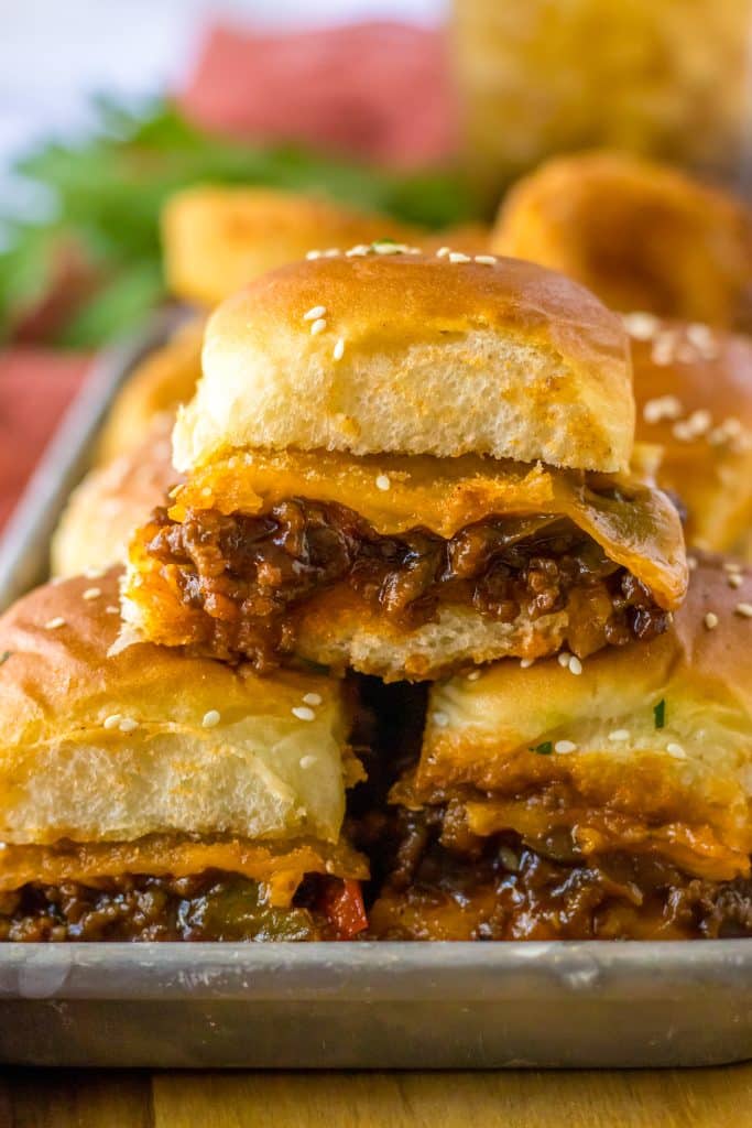 Sloppy Joe Sliders piled on tray