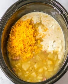 Slow Cooker Cheesy Potato Ham Soup in slow cooker
