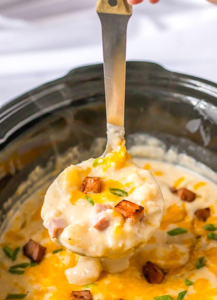 Slow Cooker Cheesy Potato Ham Soup in a spoon