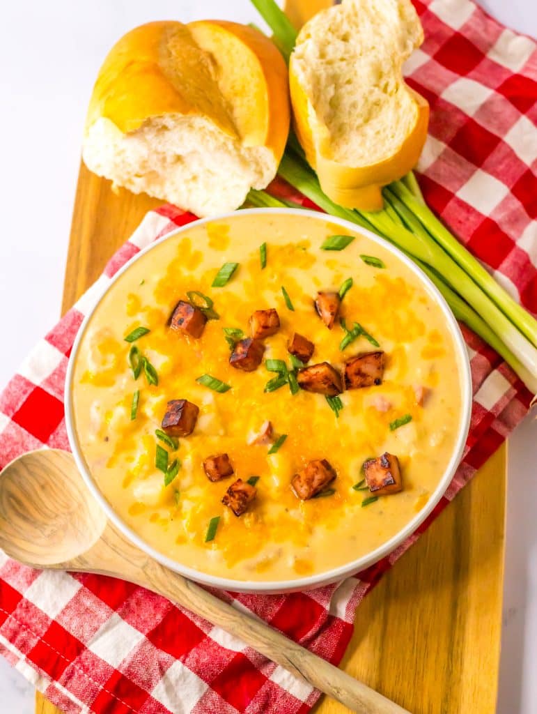 Slow Cooker Cheesy Potato Ham Soup plated