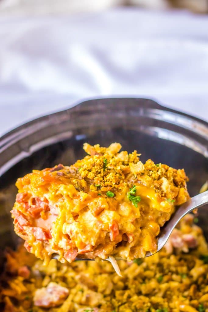 Slow Cooker Chicken Cordon Bleu in spoon