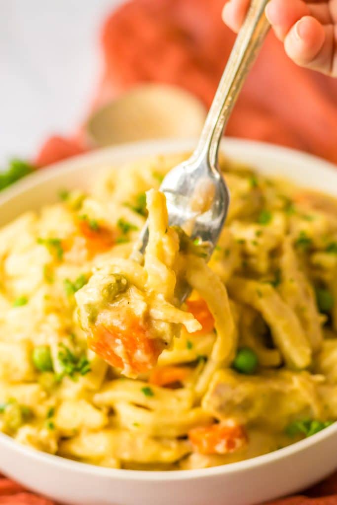 Slow Cooker Chicken and Noodles on fork