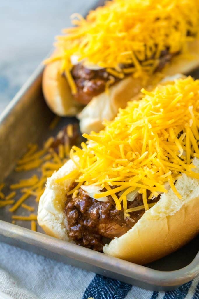 Slow Cooker Cincinnati Chili on hot dogs