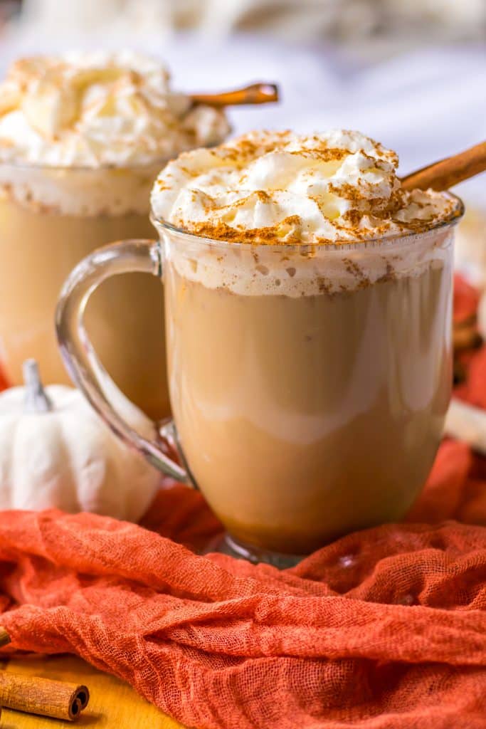 Slow Cooker Pumpkin Spice Latte in clear mugs