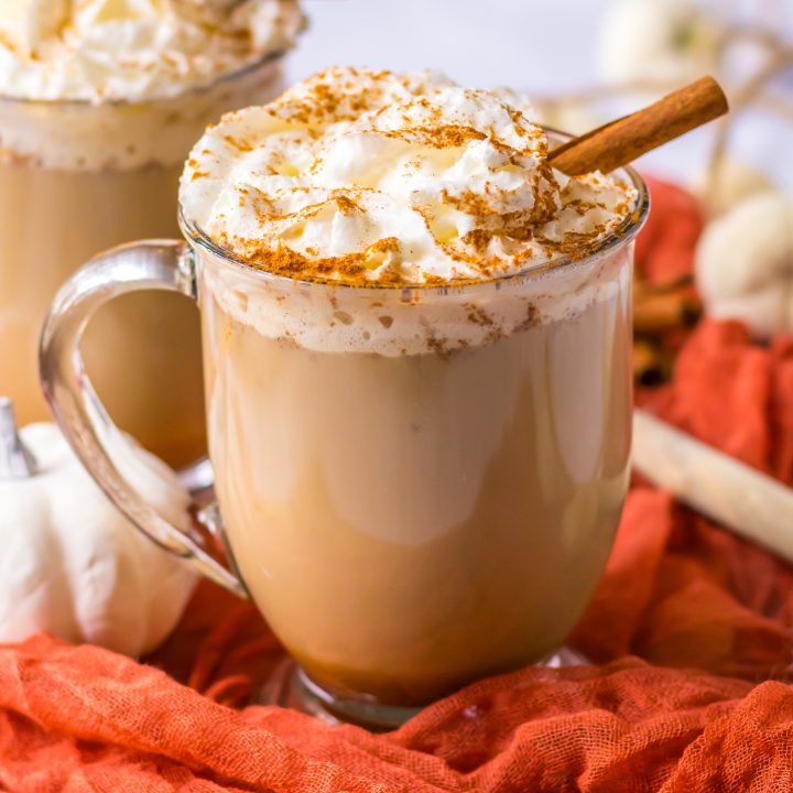 Slow Cooker Pumpkin Spice Latte in clear mugs