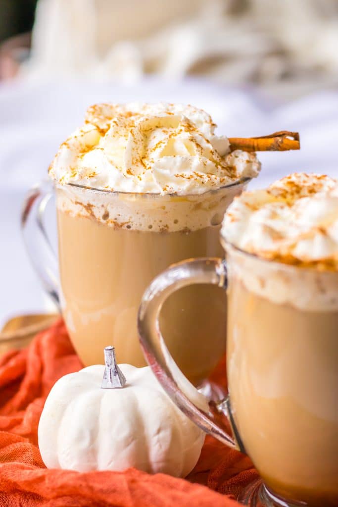 Slow Cooker Pumpkin Spice Latte in clear mugs