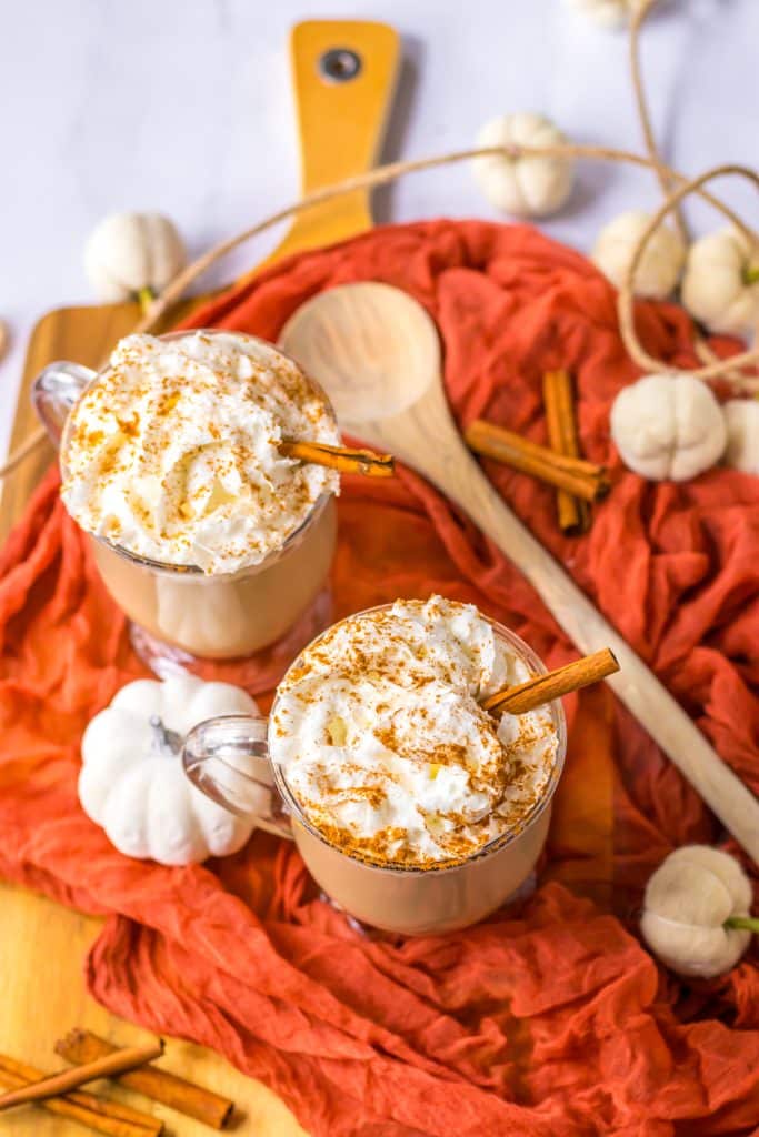 Slow Cooker Pumpkin Spice Latte in clear mugs
