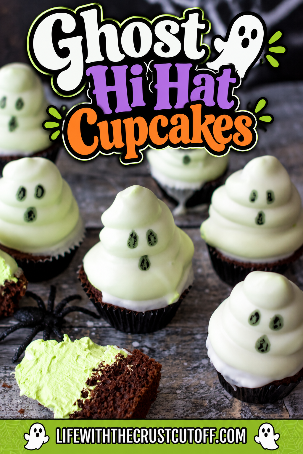Ghost Hi Hat Cupcakes with chocolate cake and tall ghost-shaped frosting decorated with spooky faces for Halloween.