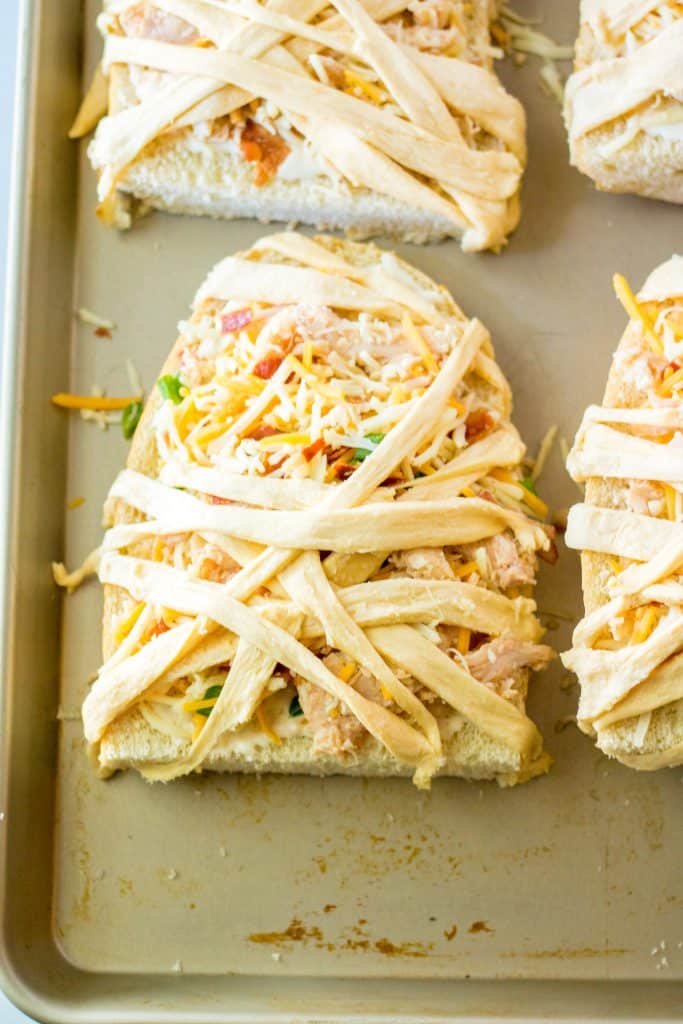 Chicken Bacon Ranch Mummy Pizza on tray