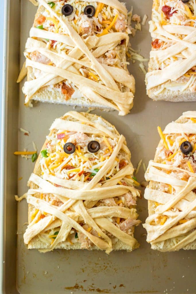 Chicken Bacon Ranch Mummy Pizza on tray