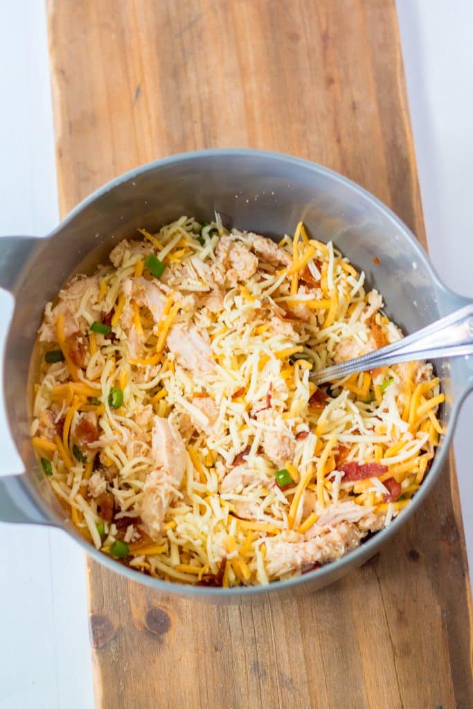 Chicken Bacon Ranch Mummy Pizza ingredients in bowl