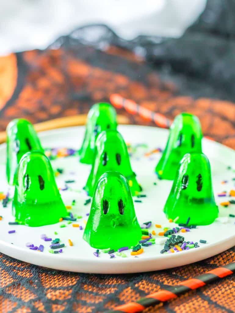 Ghost Jello Shots on plate