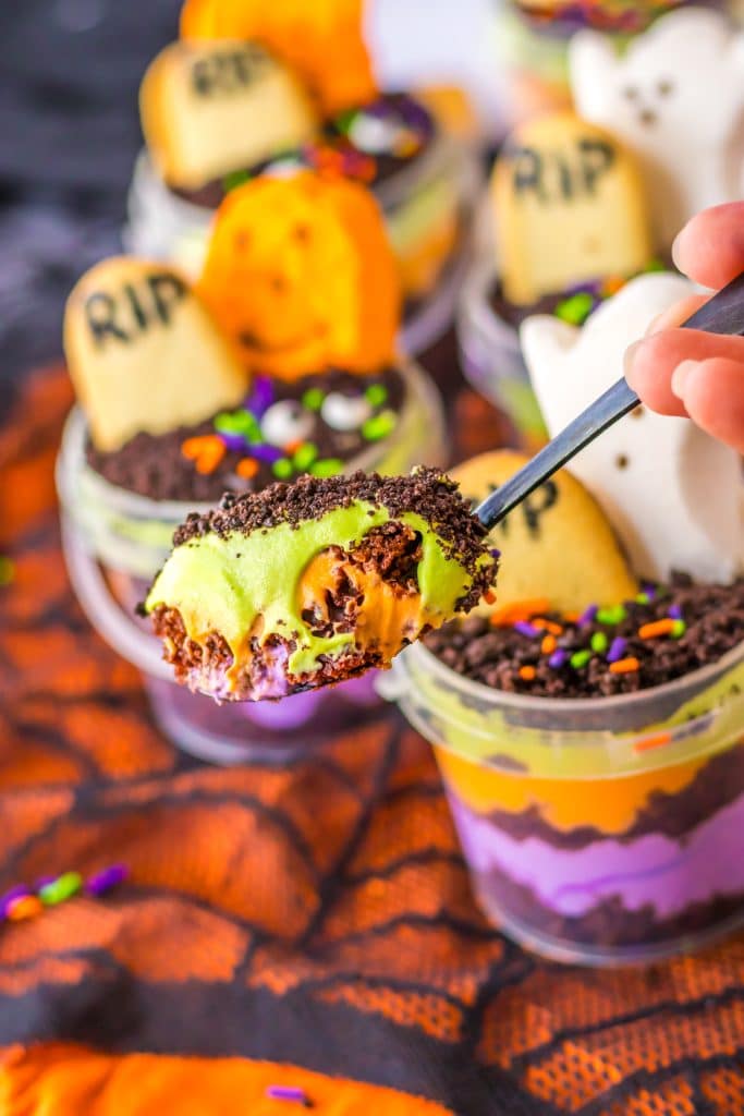 Graveyard Pudding Cups in spoon