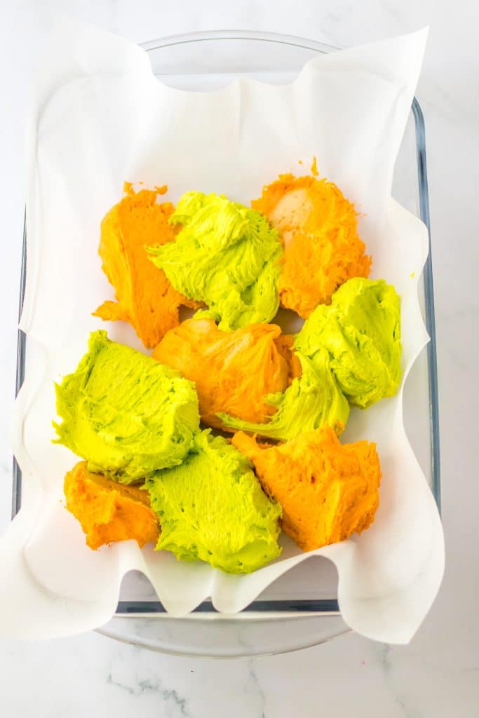 Halloween Sugar Cookie Bars batter in pan