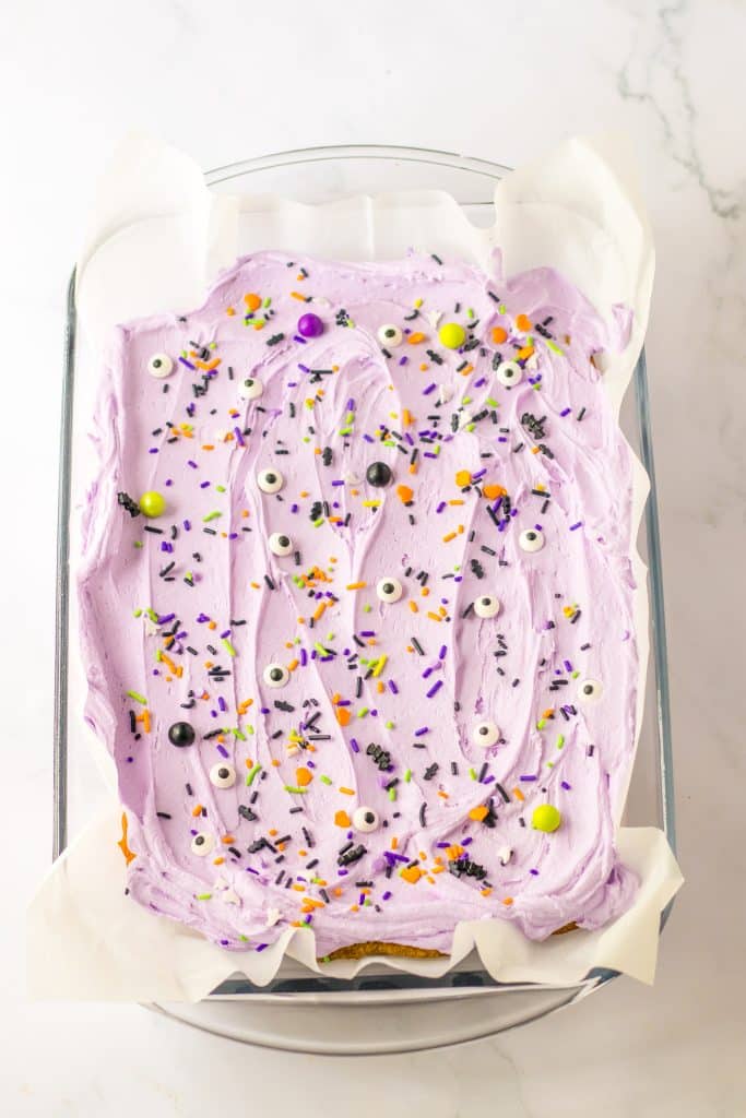 Halloween Sugar Cookie Bars in pan