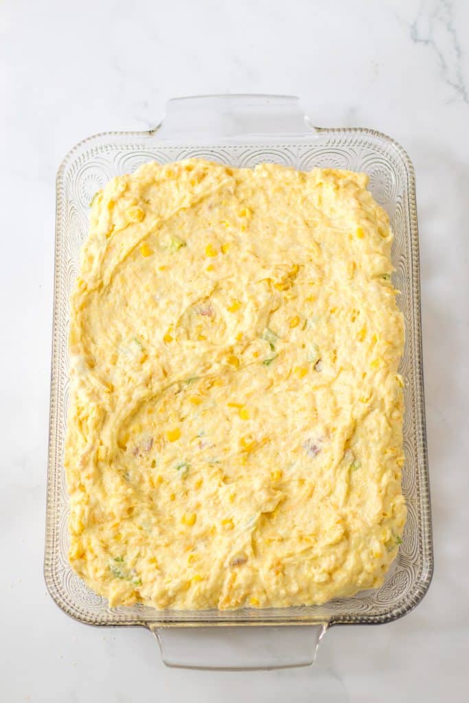Loaded Cornbread Casserole in pan