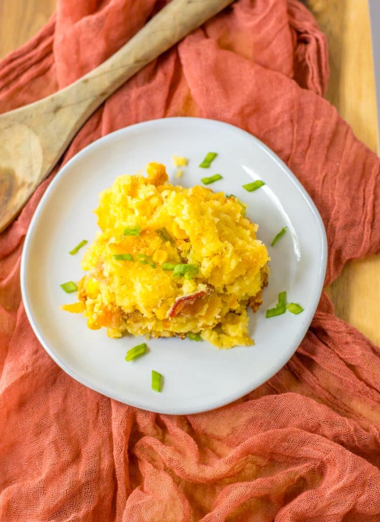 Loaded Cornbread Casserole plated