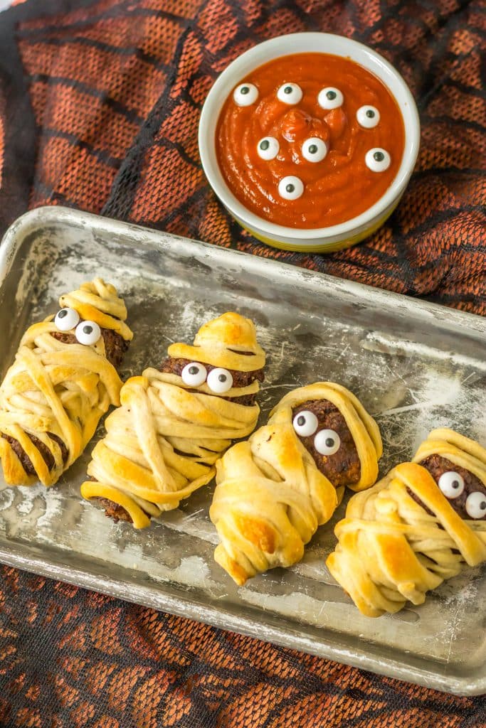 Mummy Meatballs on tray