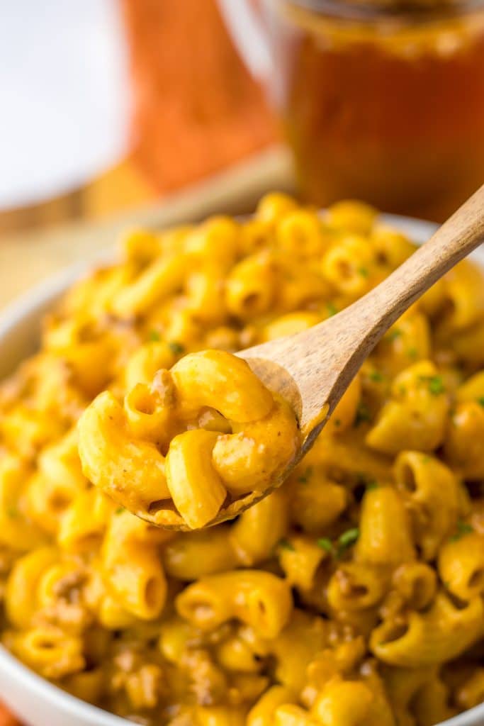 Homemade Cheeseburger Hamburger Helper in spoon