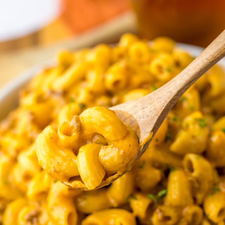 Homemade Cheeseburger Hamburger Helper in spoon