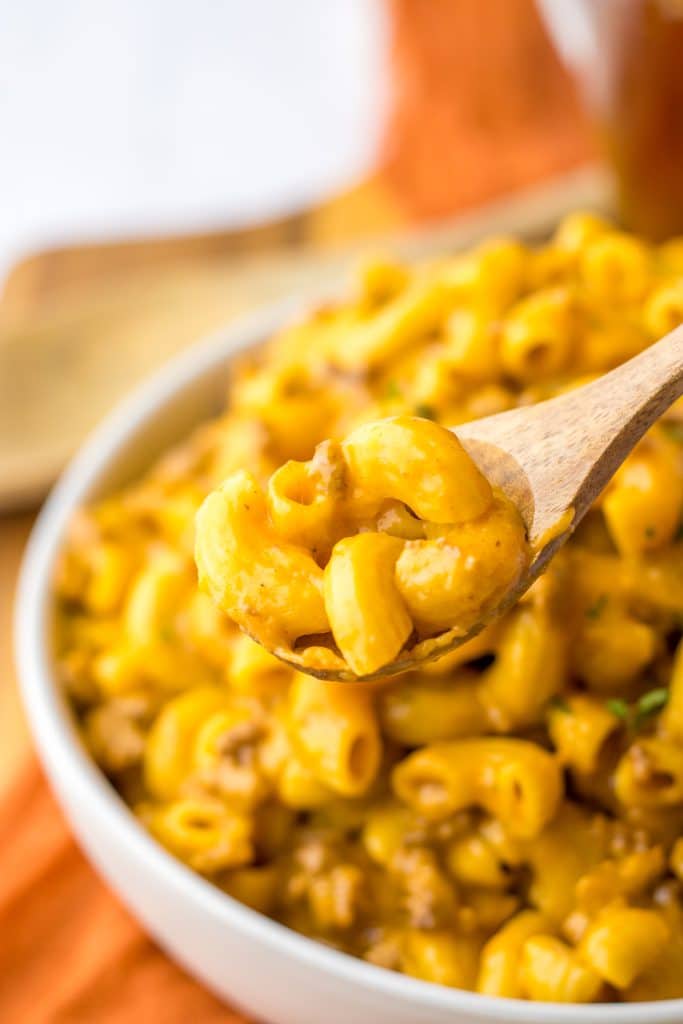 Homemade Cheeseburger Hamburger Helper in spoon