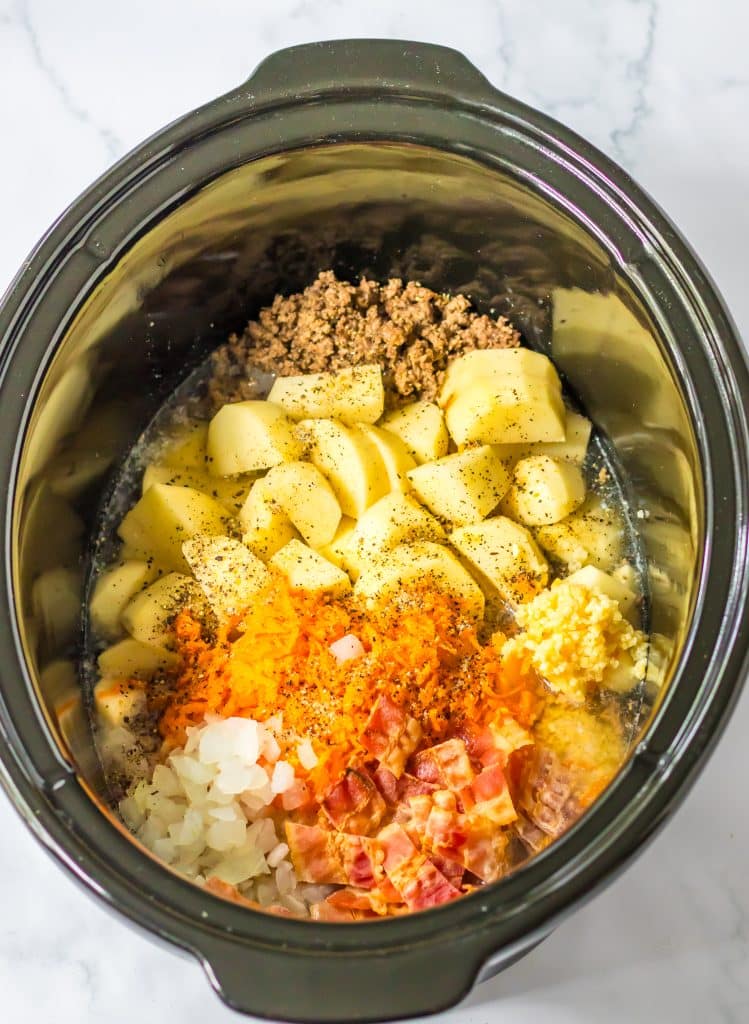 Slow Cooker Bacon Cheeseburger Soup ingredients in slow cooker