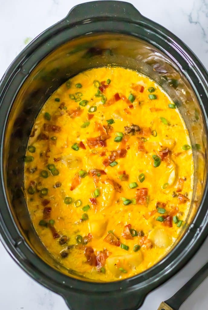 Slow Cooker Bacon Cheeseburger Soup in slow cooker