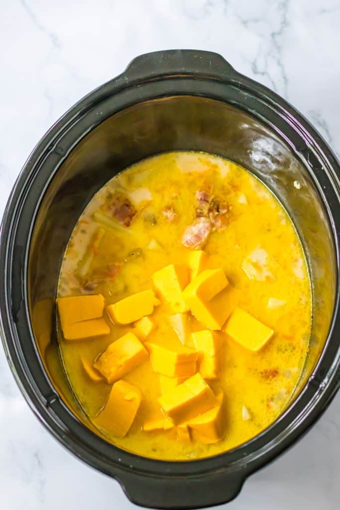 Slow Cooker Bacon Cheeseburger Soup in slow cooker