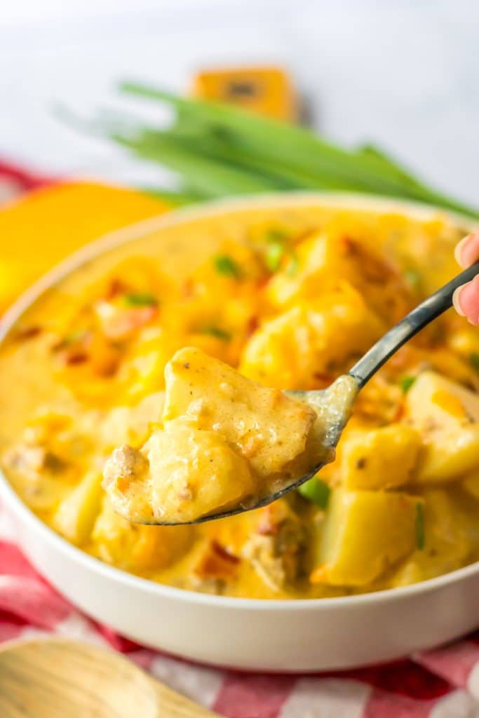 Slow Cooker Bacon Cheeseburger Soup in a spoon